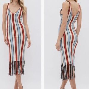 Vestique Red, White, Blue, & Black Striped Dress with Fringe